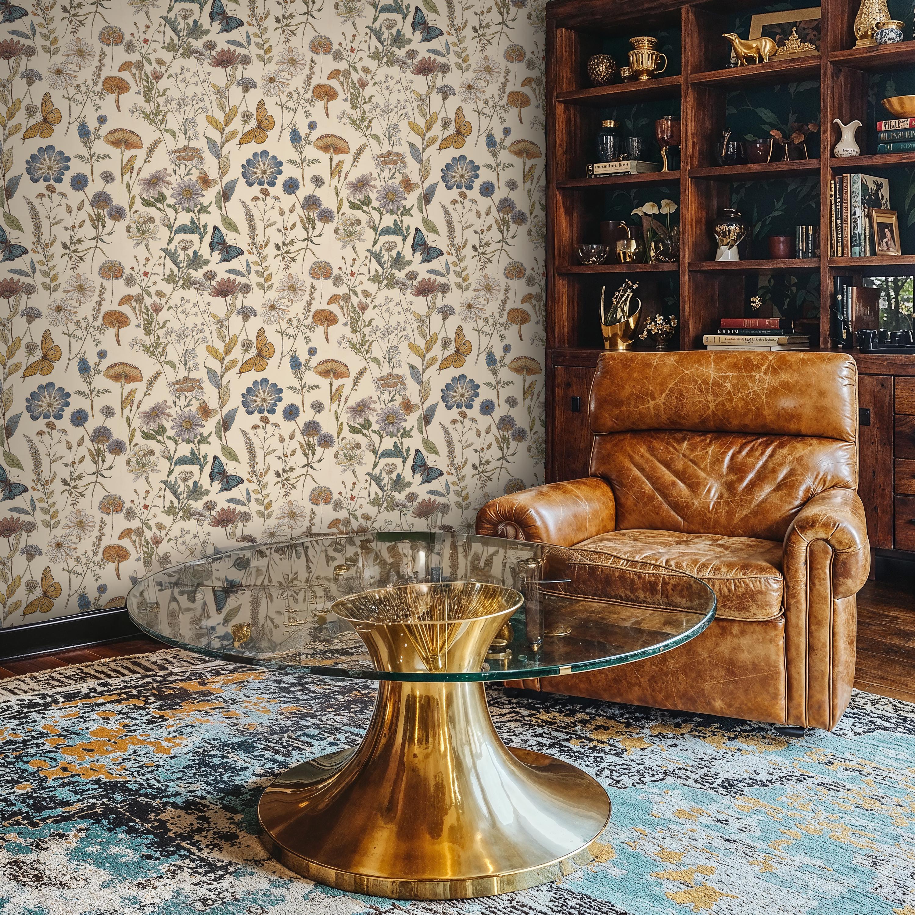 Botanical Mushroom Wallpaper Mural: Vintage Butterfly & Wildflower Peel and Stick
