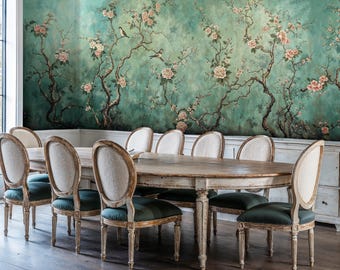 Vintage Chinoiserie-tapet: Fåglar och körsbärsblommor, självhäftande väggmålning