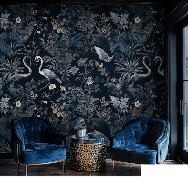 Dark Navy Botanical Peel and Stick Wallpaper: Exotic Birds
