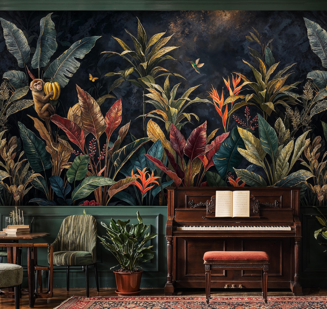 Dark Jungle Peel and Stick Wallpaper: Tropical Jungle Wall Mural With ...