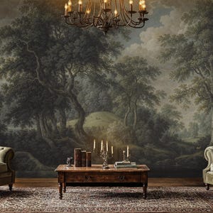 Panoramic Trees Landscape Peel and Stick, Panoramic Landscape Wallpaper Etching, Rural Landscape Wallpaper Murals, Antique Scenic Wall Mural