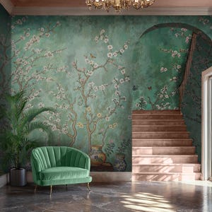 Green Chinoiserie Wallpaper, Cherry Blossom Peel and Stick, Chinoiserie Wall Mural with Birds, Vintage Chinoiserie Wallpaper, Floral Mural