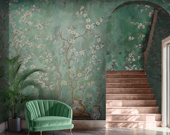 Green Chinoiserie Wallpaper: Vintage Cherry Blossom Peel and Stick Mural