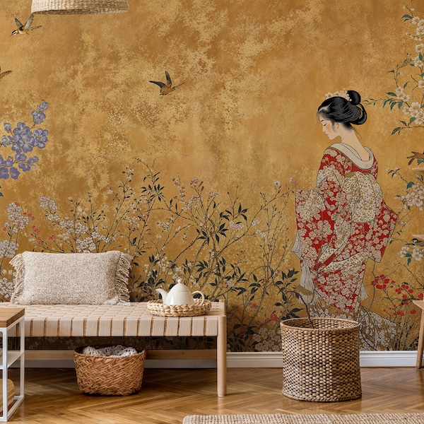 Mural de papel de parede vintage de gueixa: arte japonesa descascável e colante