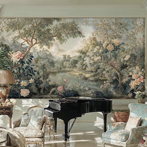 Vintage Scenic Landscape Wallpaper, French Country Peel and Stick Wallpaper, Paste the Wall Landscape Wall Mural, Bird and Wild Flower Mural
