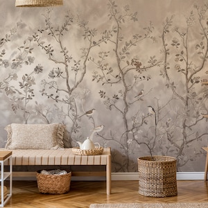 Vintage Chinoiserie Bird and Floral Wallpaper, Cherry Blossom Wall Mural, Botanical Wall Mural for Bedroom, Chinoiserie Wallpaper Panoramic