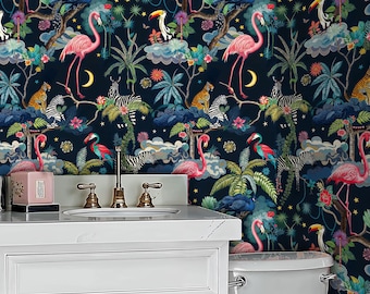 May include: A white bathroom vanity with a white porcelain toilet. The bathroom features a tropical wallpaper with pink flamingos, zebras, toucans, and palm trees on a dark blue background.