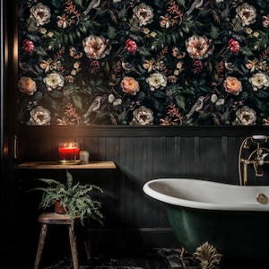 Dark Moody Botanical Wallpaper, Dark Floral Peel and Stick Wallpaper, Secret Garden Wall Mural, Botanical Wallpaper with Butterflies and Birds