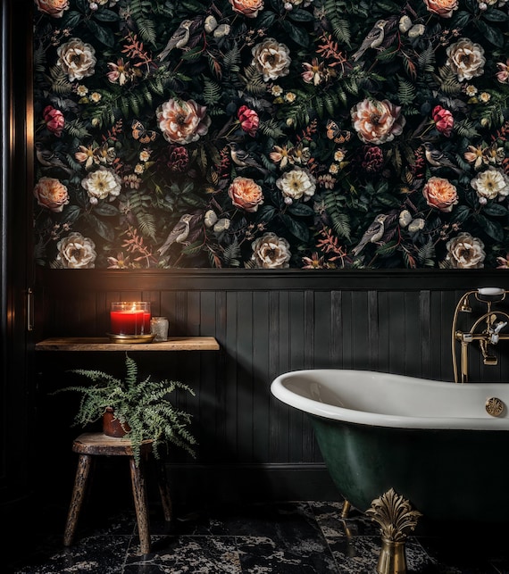 Dark Floral Peel and Stick Wallpaper: Moody Botanical Wall Mural