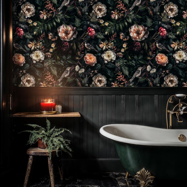 Dark Floral Peel and Stick Wallpaper: Moody Botanical Wall Mural
