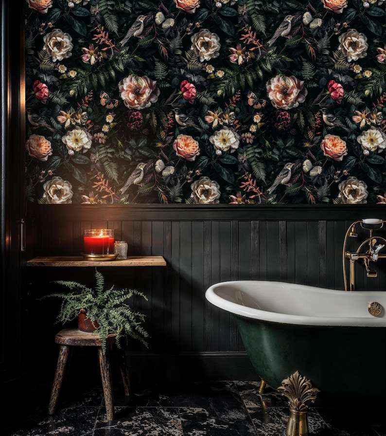 Dark Moody Botanical Wallpaper, Dark Floral Peel and Stick Wallpaper, Secret Garden Wall Mural, Botanical Wallpaper with Butterflies and Birds