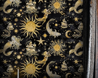 Dark Mermaid Peel and Stick Wallpaper: Gold Celestial Mural