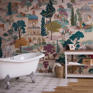 Lush Jaipur Garden Landscape Wallpaper, Botanical Peel and Stick Wallpaper, Indian Wallpaper, Highly Detailed Wallpaper For a Vintage Look