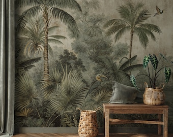 May include: A rustic wooden bench with a woven wicker basket and a green plant in a brown pot. The bench is in front of a wall with a tropical jungle mural featuring palm trees, birds, and a toucan.