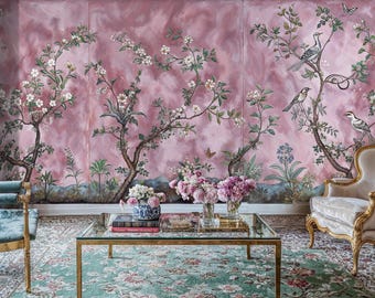 Pink Chinoiserie Peel and Stick Wallpaper: Bird & Floral Mural