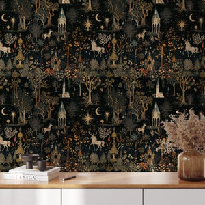 Medieval Dark Wallpaper, Dark Botanical Peel and Stick Wallpaper, Dark Botanical Wallpaper Secret Garden at Night, Whimsical Wallpaper