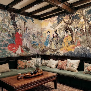 Vintage Japanese Art Peel and Stick Wallpaper, Japanese Geisha Wallpaper, Japanese Crane Wallpaper, Classic Accent Wall Art