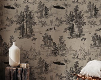 Retro Alien UFO Wallpaper: Peel and Stick Scifi Mural