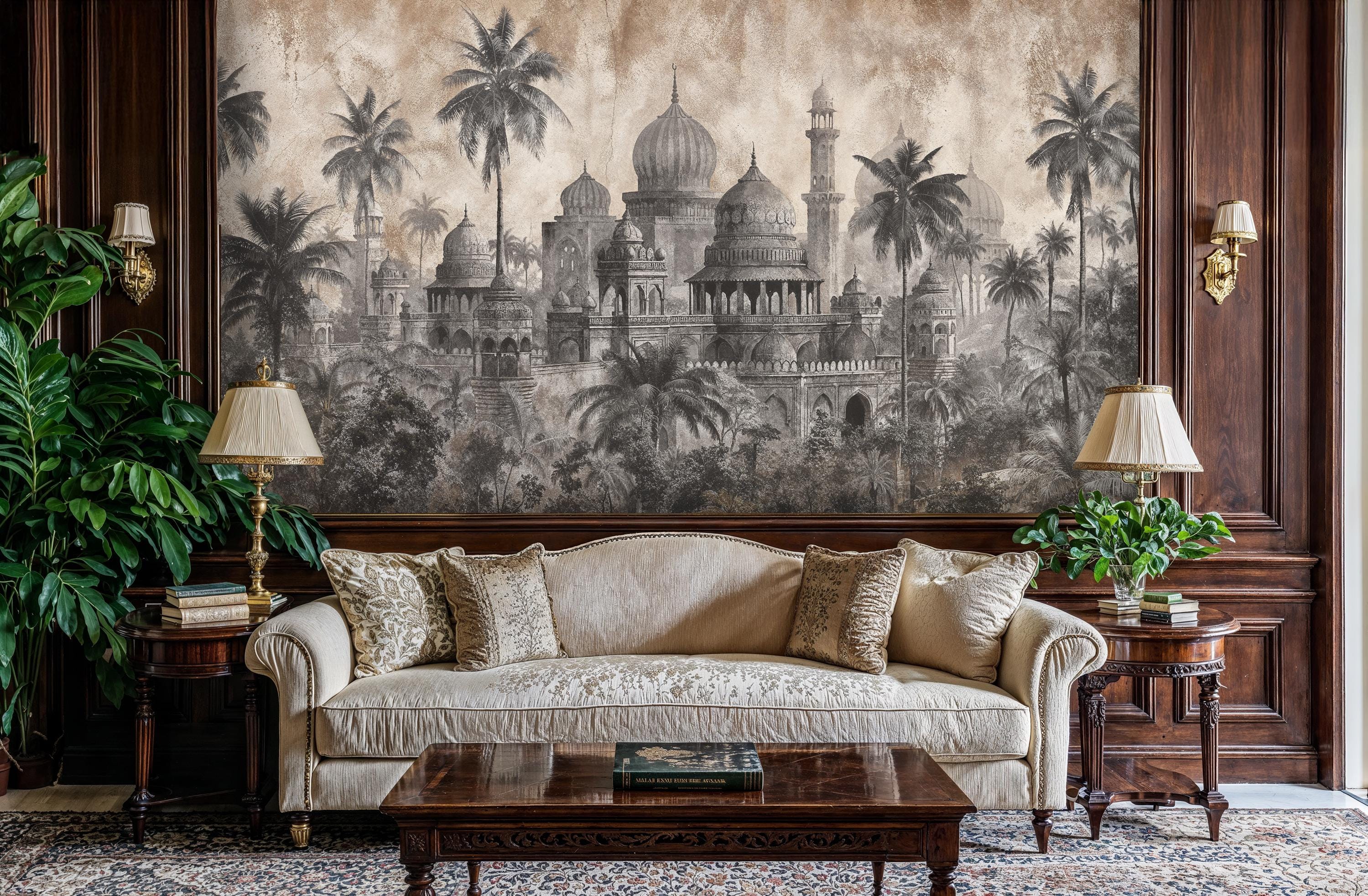 Vintage Indian Palace Wallpaper Mural: Black and White Peel and Stick