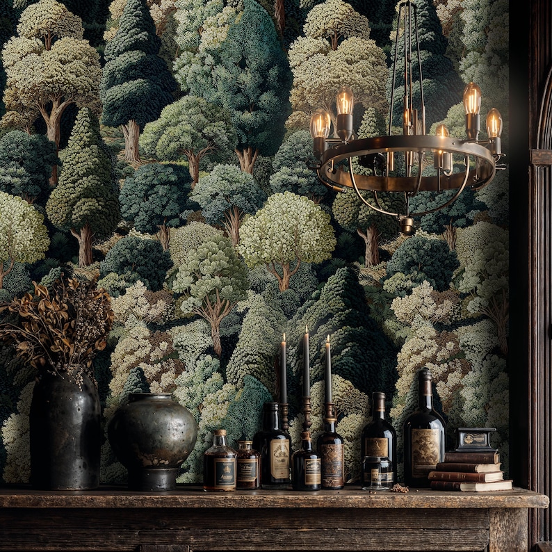 Verdure Forest Peel and Stick Wallpaper: Vintage Forest Wall Mural - Etsy