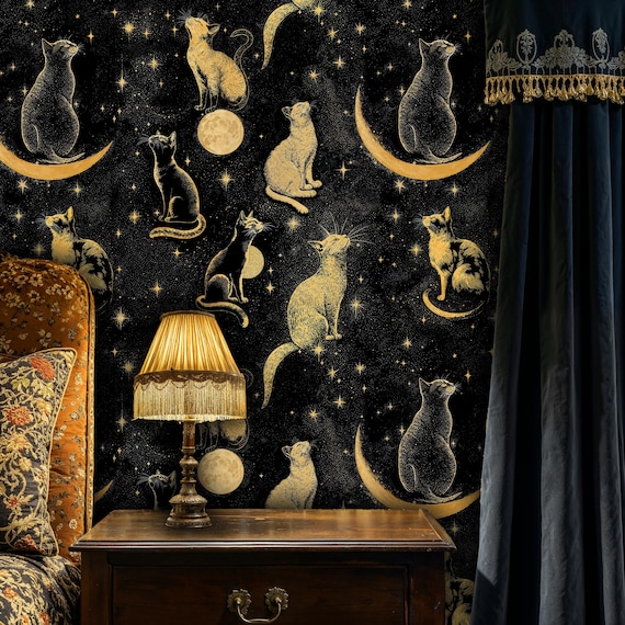 Celestial Cat Wallpaper: Crescent Moon Starry Night Wall Mural