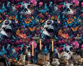 Gothic Floral Skull Peel and Stick Wallpaper: Witchy Home Decor