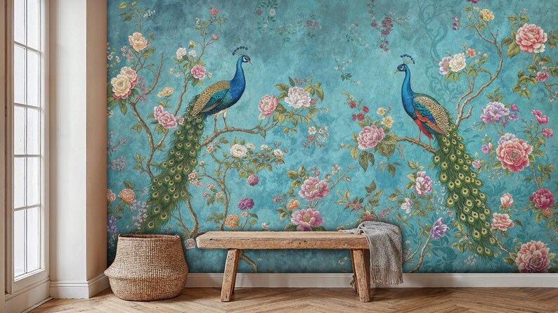 May include: A teal blue wallpaper with a floral pattern featuring peacocks. The peacocks are perched on branches with pink, white, and purple flowers.