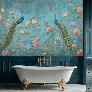 May include: A teal bathroom with a white clawfoot bathtub and a wallpaper mural featuring two peacocks with blue and green plumage on a floral background.