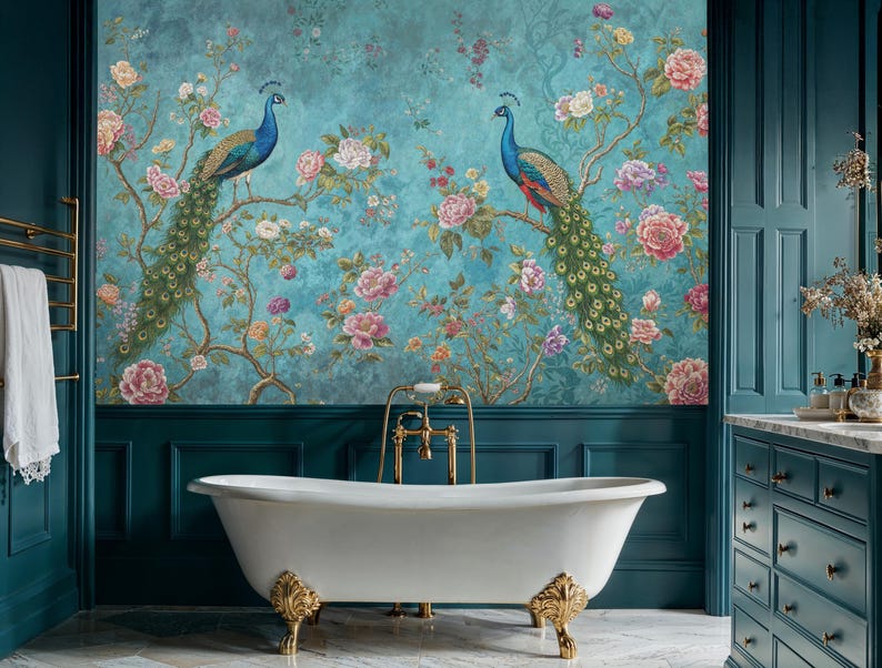 May include: A teal bathroom with a white clawfoot bathtub and a wallpaper mural featuring two peacocks with blue and green plumage on a floral background.