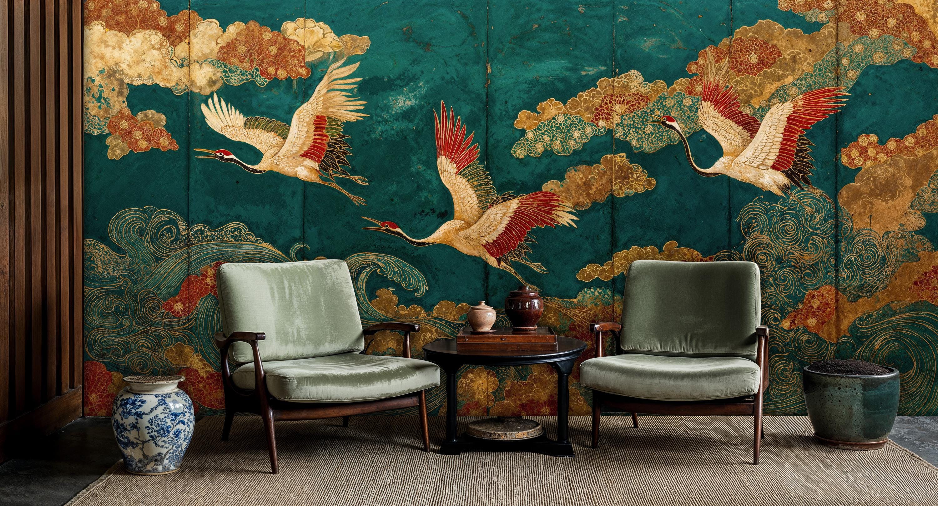 Teal And Gold Crane Wallpaper Mural Asian Art Custom Size peel teal-and-gold-crane-wallpaper-mural-asian-art-custom-size-peel