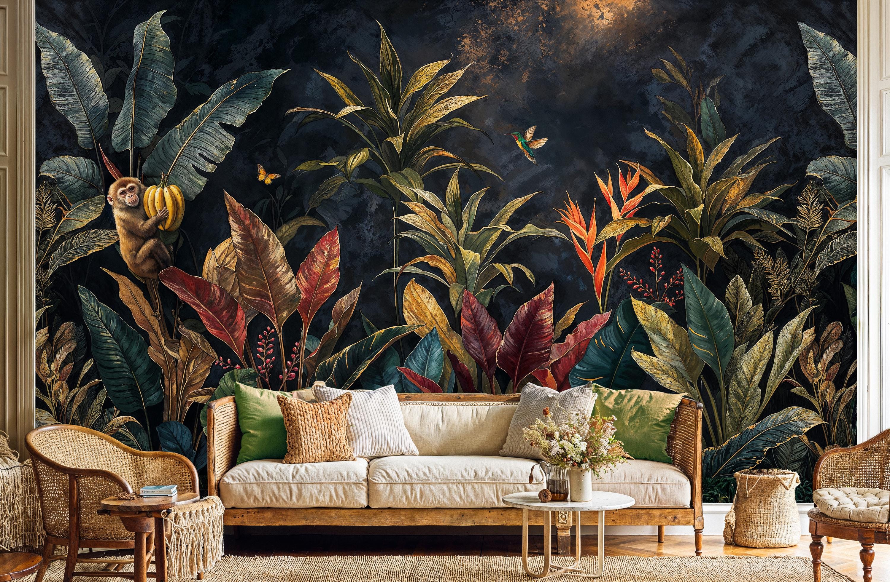 Dark Jungle Peel and Stick Wallpaper: Tropical Jungle Wall Mural With ...