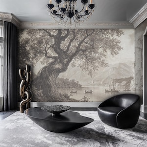 Vintage Sepia Lake Wallpaper Mural: Peel and Stick Scenic Tree Wall Art