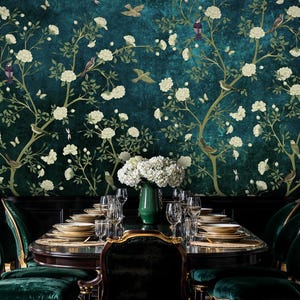 Blue Chinoiserie Wallpaper: Cherry Blossom Bird Wall Mural, Peel and ...