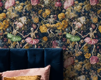Gothic Skelett Ballerina Tapete: Dunkles Florales Wandbild zum Schälen und Aufkleben