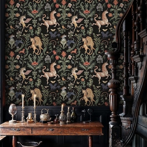 Mythical Medieval Wallpaper, Dark Botanical Peel and Stick Wallpaper, Dark Botanical Wallpaper Secret Garden at Night, Whimsical Wallpaper