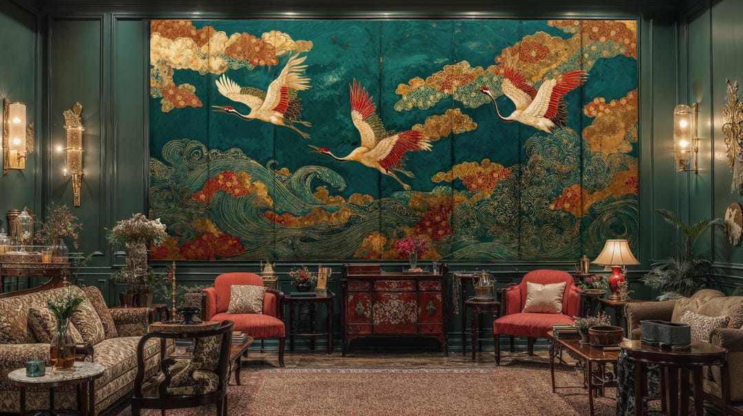 Teal And Gold Crane Wallpaper Mural Asian Art Custom Size peel teal-and-gold-crane-wallpaper-mural-asian-art-custom-size-peel