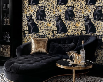 Black Cat Leopard Print Wallpaper: Art Deco Peel and Stick