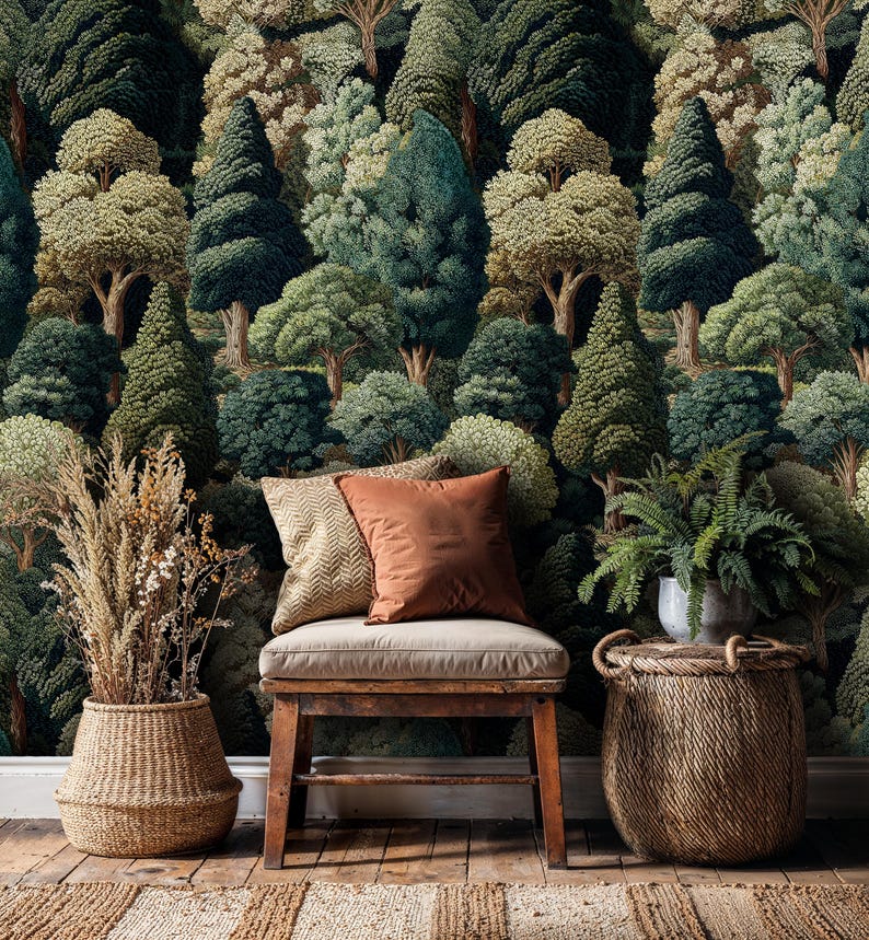 Verdure Forest Peel and Stick Wallpaper: Vintage Forest Wall Mural - Etsy