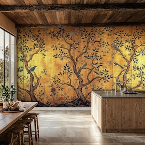 Gold Chinoiserie Peel and Stick Wallpaper Mural,  Chinoiserie Tree Wallpaper with Birds, Vintage Chinoiserie Mural Wallpaper Self Adhesive