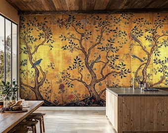 Gold Chinoiserie Peel and Stick Wallpaper Mural: Vintage Tree & Birds