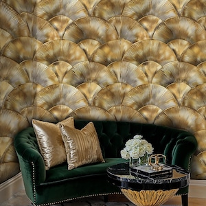 Art Deco Geometric Fan Peel and Stick Wallpaper, Gold Art Deco Wallpaper, Geometric Panel Wallpaper, Vintage Geometric Wallpaper