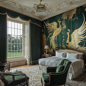Peacock Chinoiserie Wallpaper: Dark Green & Gold Peel and Stick Mural