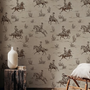 Western Peel and Stick Wallpaper, Vintage  Wallpaper, Horses Wallpaper, Boho Wallpaper, Cowboy Peel and Stick Wallpaper, Retro Wallpaper