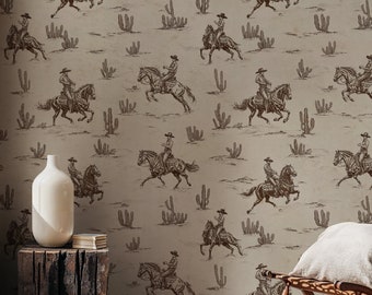 Vintage Western Cowboy Wallpaper: Sepia Desert Scene Peel and Stick