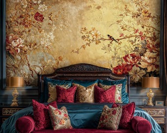 Gold Chinoiserie Wallpaper Mural: Vintage Leaf Peel and Stick Wallpaper