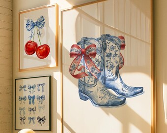 Cowgirl Boots Art Print Set: Blue Bow Western Decor (Digital Download)