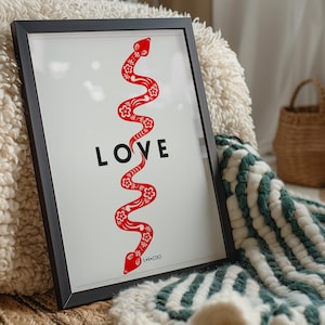 Floral Snake LOVE Print Modern Symbolic Wall Art Bold Red Snake Poster Love Collection Boho Home Decor Aesthetic Print Gift For Girlfriend