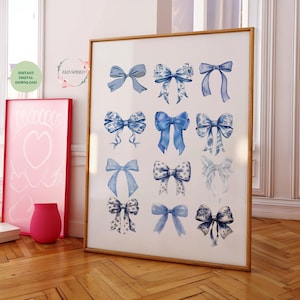 Cute Poster Blue Coquette Bow Wall Art Trendy Girly Print Preppy Apartment Aesthetic Decor Nursery Wall Art Kids Room Blue Gift