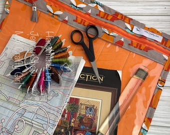 Foxes-Cross Stitch Project Bag, WIP Project Bag, Vinyl Front Project Bag, Needlepoint Bag, Embroidery Project Bag (single)