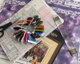 Borsa per progetti a punto croce con margherita su sfondo viola, borsa per progetti WIP, borsa per progetti con parte anteriore in vinile, borsa per ricamo a punto croce, borsa per progetti di ricamo (singola)